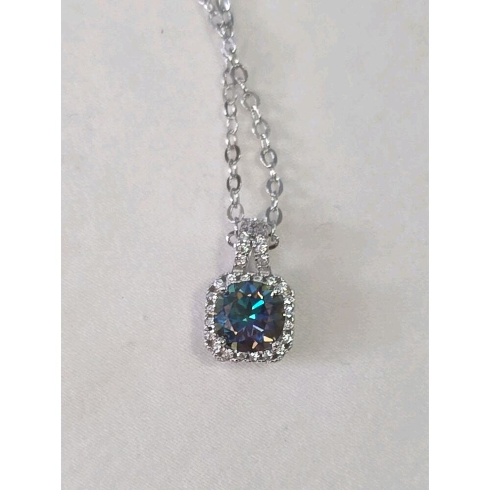 Rainbow Blue 1.00ct Moissanite Pendant Necklace Silver Tone GRA Certificate
